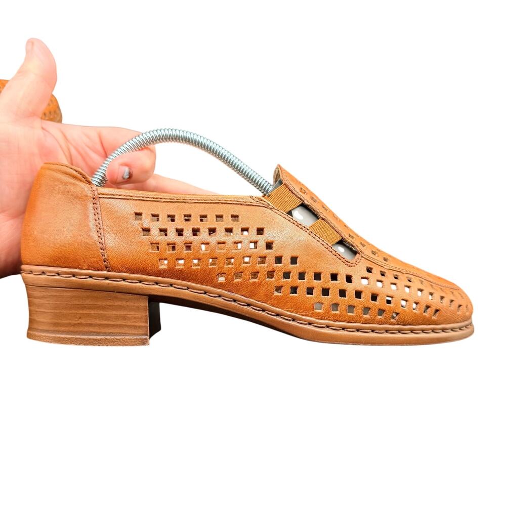 Rieker Leather Cutout Loafers Block Heel Cognac Brown Women’s 6.5 - Picture 8 of 13